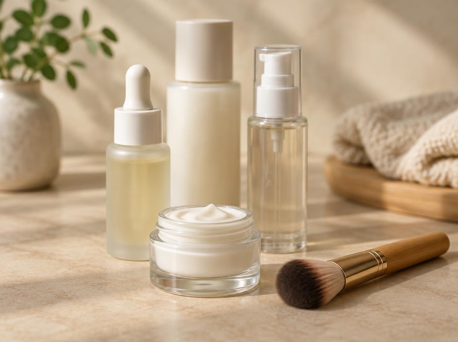 Frascos de cuidado personal y brocha de maquillaje