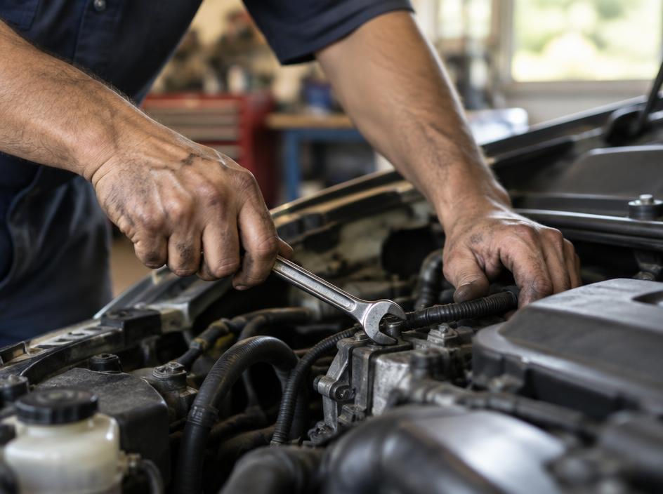 Manos de mecánico trabajando en un motor
