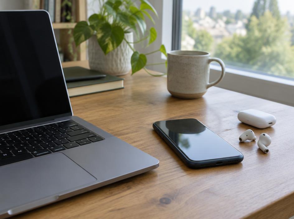 Laptop, teléfono y audífonos sobre un escritorio