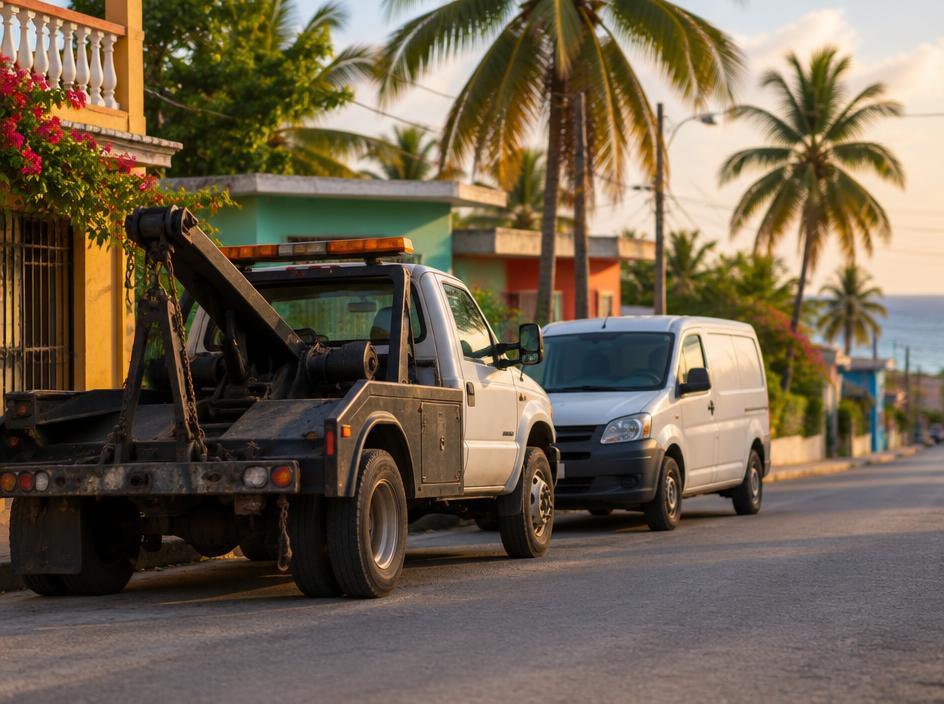Grúa y furgón de entrega en una calle dominicana