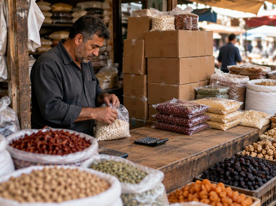 Puesto de mercado con cajas y sacos de provisiones