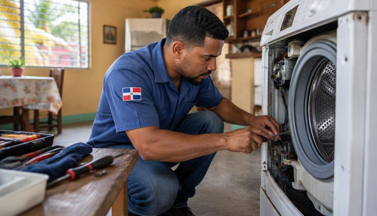 Técnico dominicano reparando una lavadora a domicilio